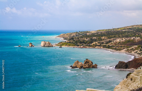 Cyprus, Petra-tou-Romiou, legendary Aphrodite's birthplase. Sea view. Cloudy spring day.