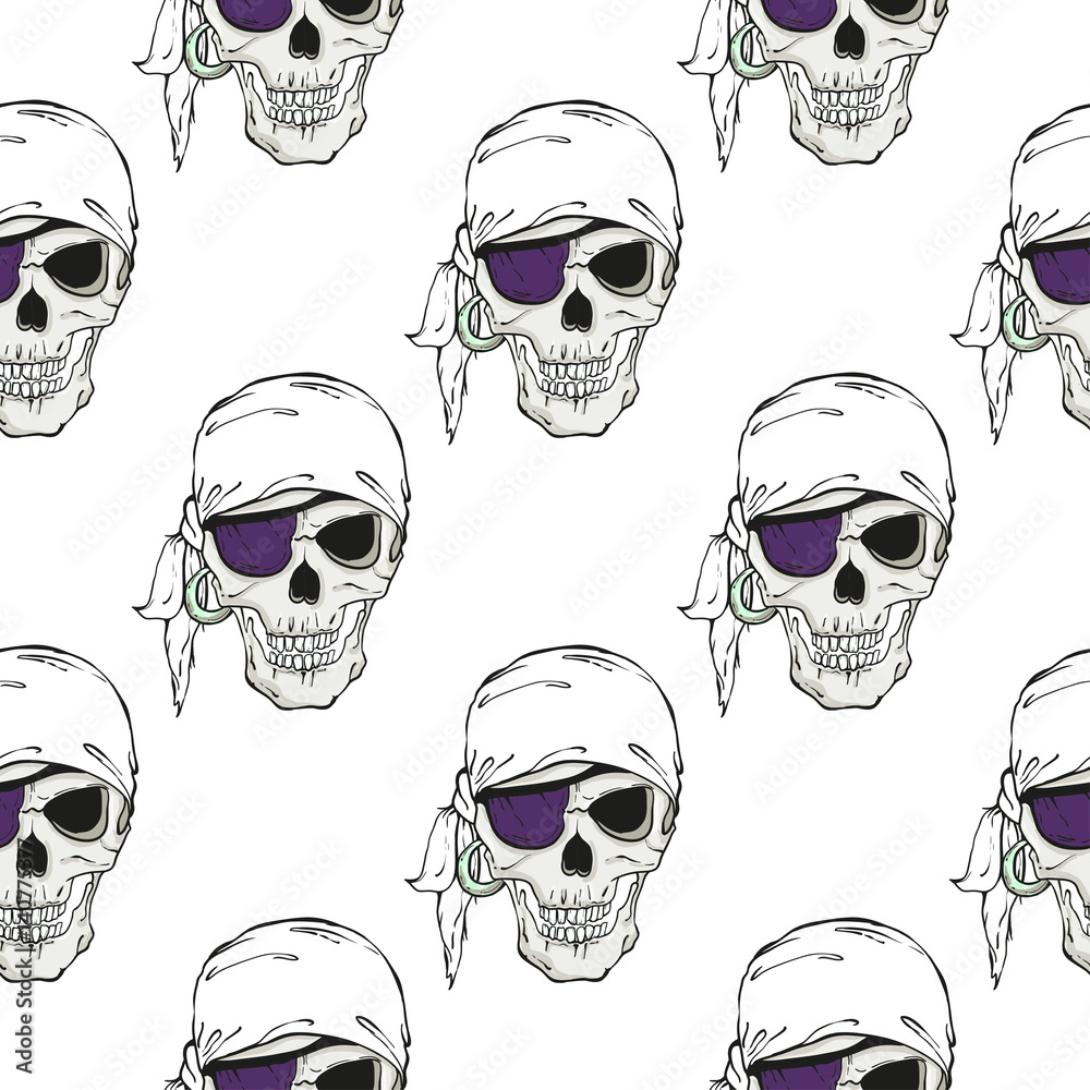 Seamless pattern with pirates skulls on white background. Vector illustration