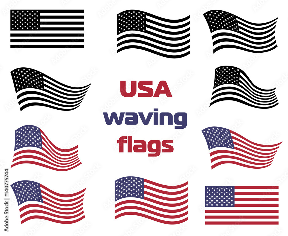 Waving USA national flag set vector black and white and color Stock ...
