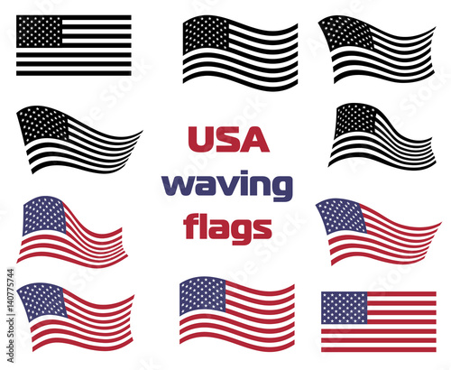 Waving USA national flag set vector black and white and color