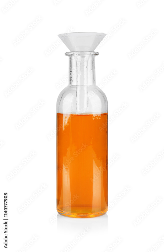 Bottle with filter funnel and color water  on white background