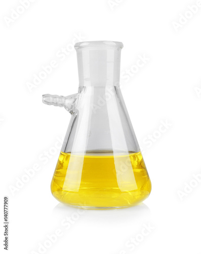 Flask with color water on white background