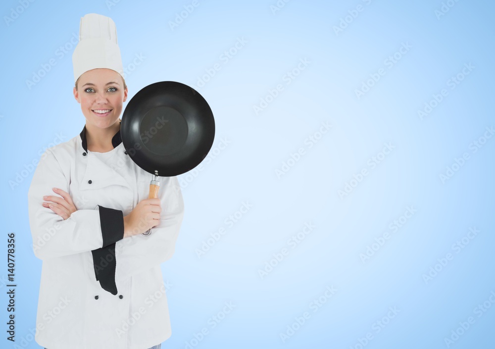 Composite image of Chef with frying pan against blue background Composite image of Chef with frying pan against blue background