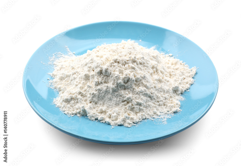 Plate with flour on white background Plate with flour on white background