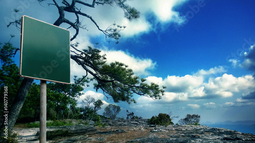 Blank green sign on phukradung mountain cliff