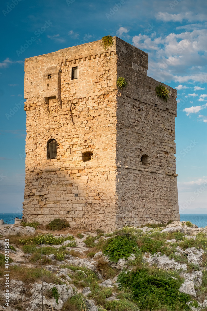 Coastal watchtower in Marina Serra, Tricase, Lecce, Apulia, Italy.