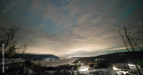 Moving timelapse of Aurora borealis (northern lights) in south Norway at Strandlykkja, Mjosa lake photo