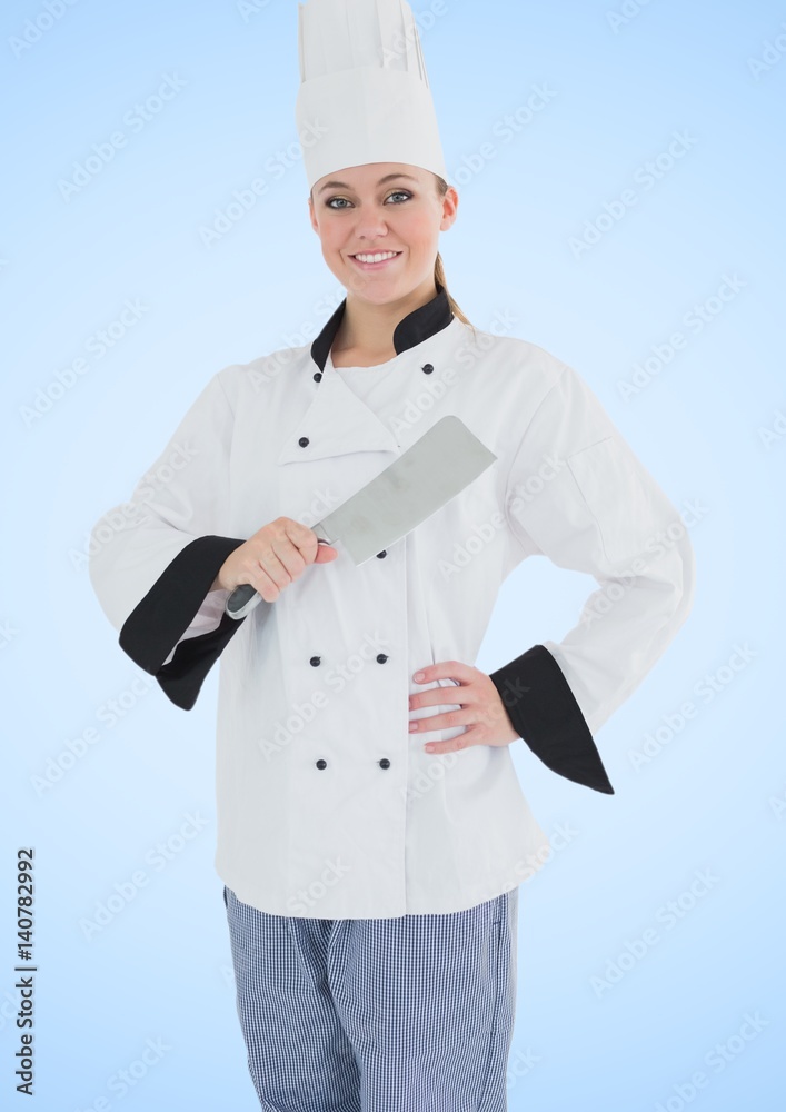 Composite image of chef with knife against blue background Composite image of chef with knife against blue background