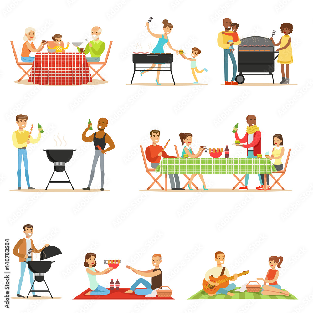 People On BBQ Picnic Outdoors Eating And Cooking Grilled Meat On Electric Barbecue Grill Set Of Scenes People On BBQ Picnic Outdoors Eating And Cooking Grilled Meat On Electric Barbecue Grill Set Of Scenes