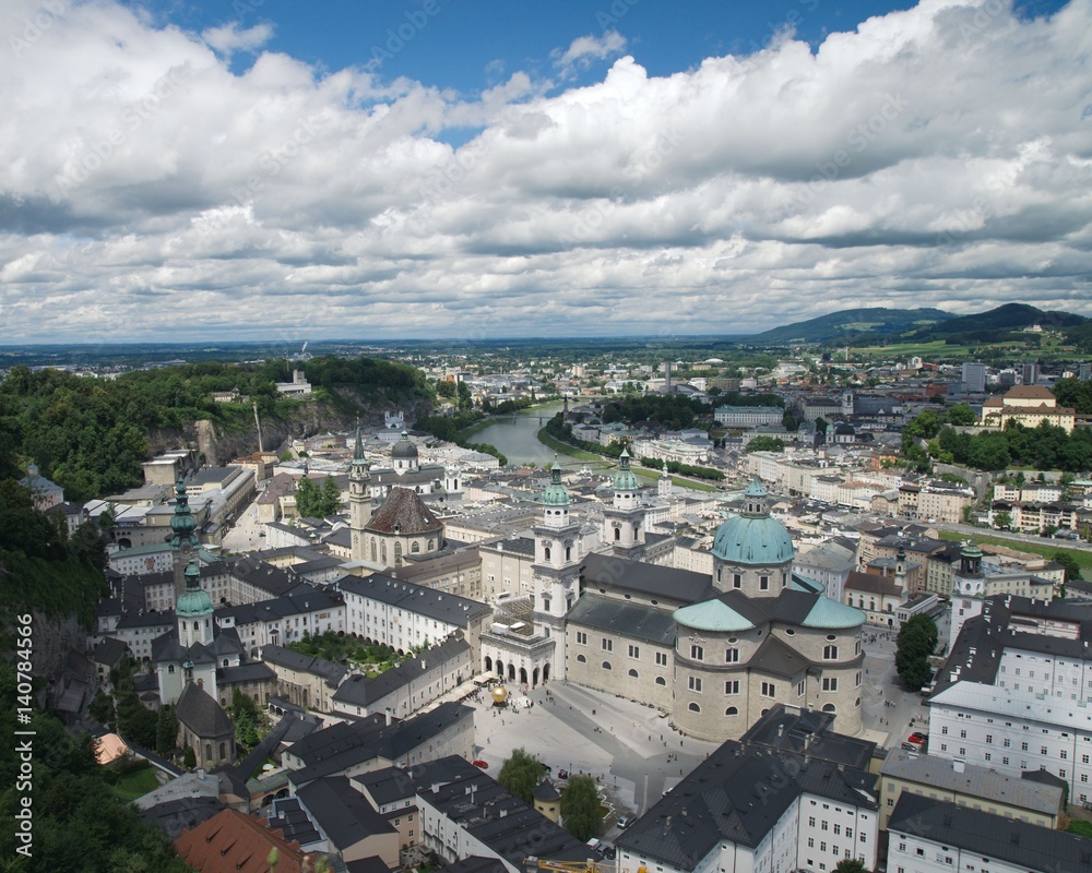 Panoramic view on St. Peter's Abbey and the old town of Salzburg from the Hohensalzburg fortress, Austria