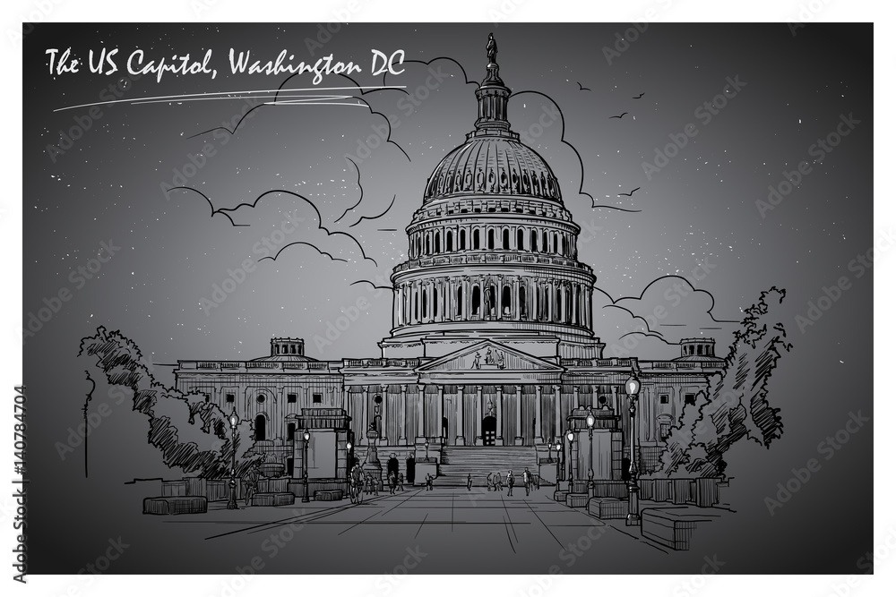 Front view of the US Capitol Building. Cityscape, urban hand drawing.Ink or engraving style sketch isolated on textured night sky background. EPS10 vector illustration.