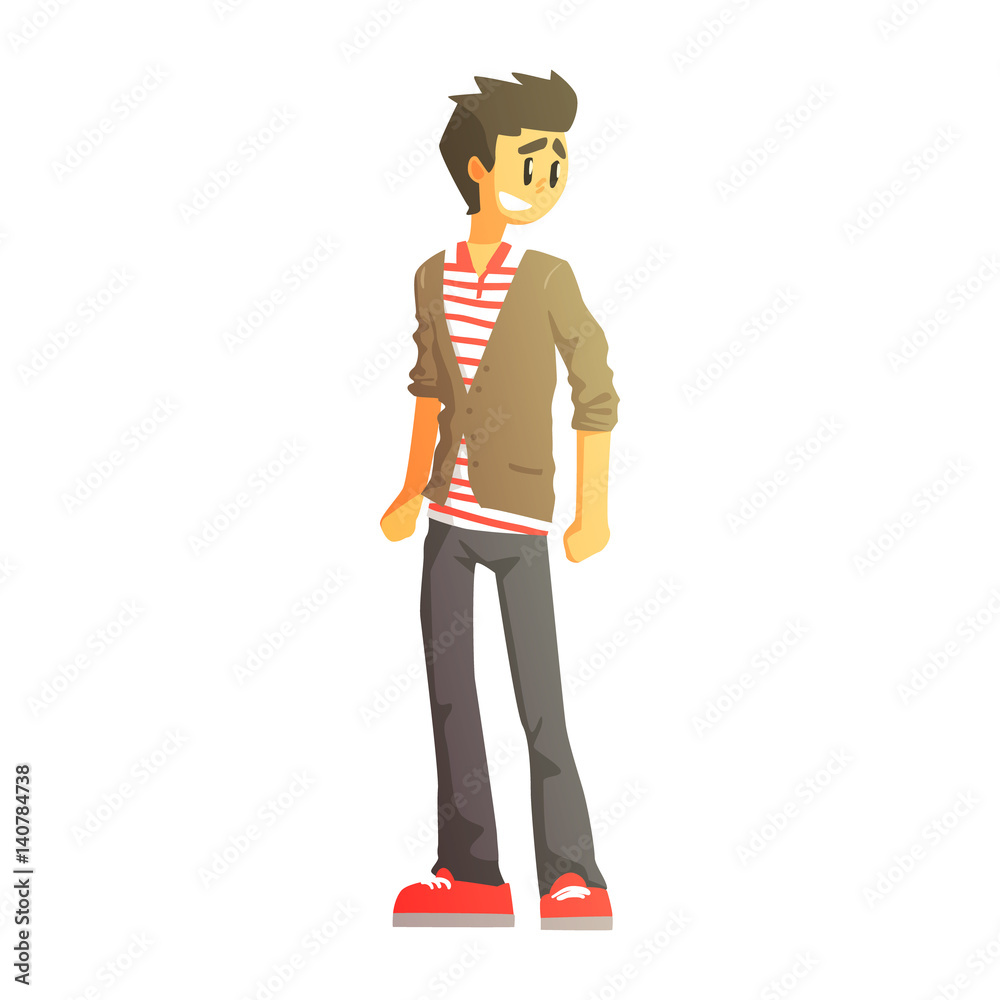 Guy In Polo T-Shirt, Cardingan And Trainers, Young Person Street Fashion Look With Mass Market Clothes