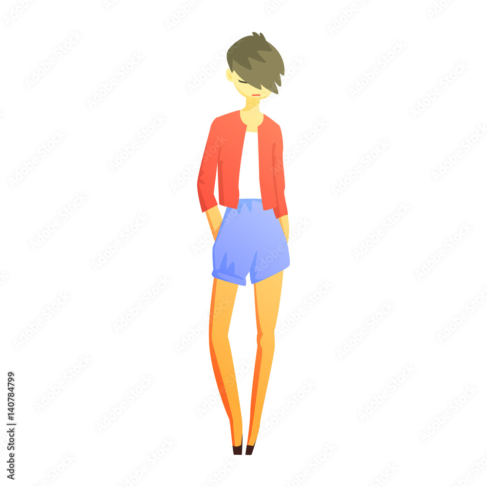 Girl In Blue Shirts And Red Jacket With Cool Short Hairstyle, Young Person Street Fashion Look With Mass Market Clothes Girl In Blue Shirts And Red Jacket With Cool Short Hairstyle, Young Person Street Fashion Look With Mass Market Clothes