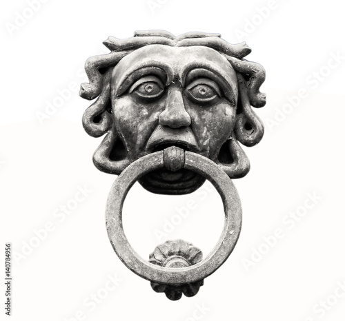 Ancient door knocker isolated on white background,black and white.