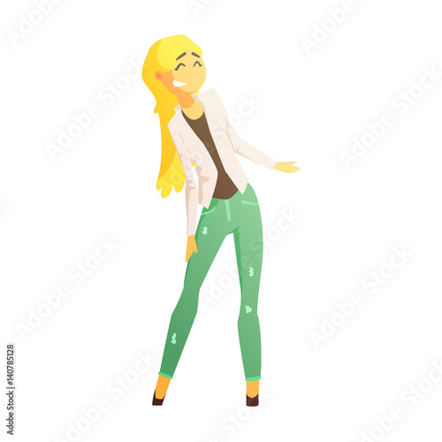 Girl In Green Skinny Jeans, Black Top And White Jacket, Young Person Street Fashion Look With Mass Market Clothes