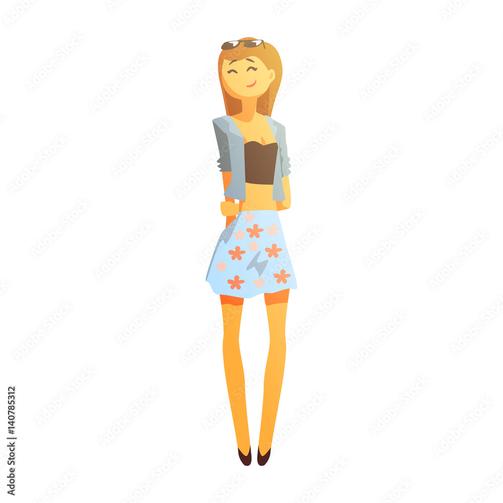 Fototapeta premium Girl In Crop Top And Mini Skirt, Young Person Street Fashion Look With Mass Market Clothes
