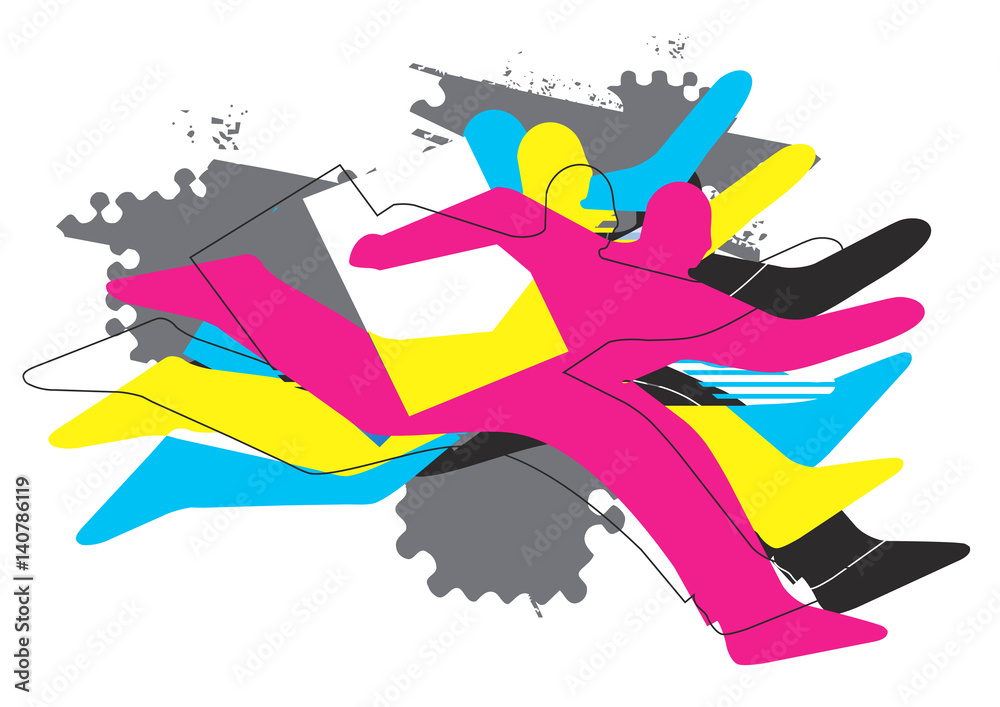 Fast color print concept.
Running men with paper. Concept for presenting of color printing. Vector available.