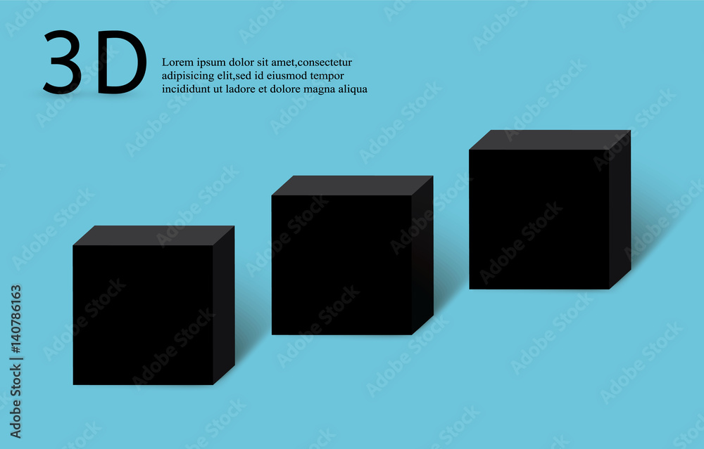 black cube on a blue background.3D .the shadow of the square.vector illustration.