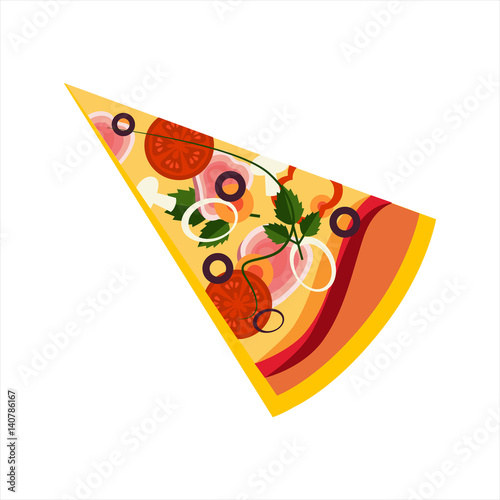 Slice Of Pizza With Ham And Tomatos, Street Fast Food Cafe Menu Item Colorful Vector Icon