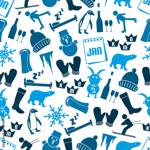 january month theme set of simple icons seamless blue pattern eps10