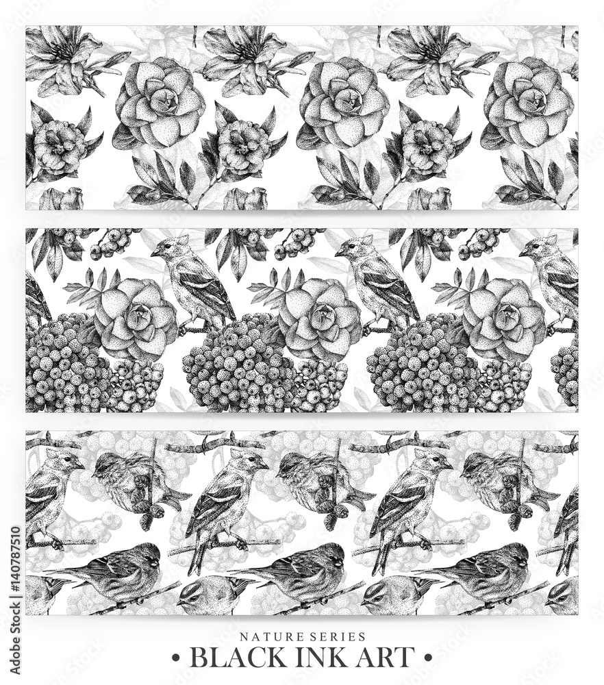 Fototapeta premium Set of seamless patterns with dotted flowers, birds and plants drawn by hand with black ink. Graphic drawing, pointillism technique. Floral background in dotwork style. Black and white