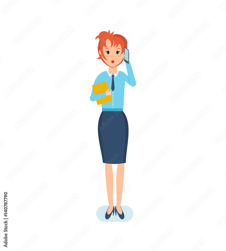 Employee of organization with documents in hand, talking on phone. Employee of organization with documents in hand, talking on phone.