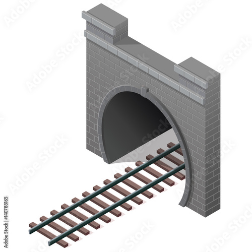 Vector railway low poly tunnel in isometric 3d perspective. Old stone circular tunnel with a light at the end. Isolated on white background. Diminishing perspective.