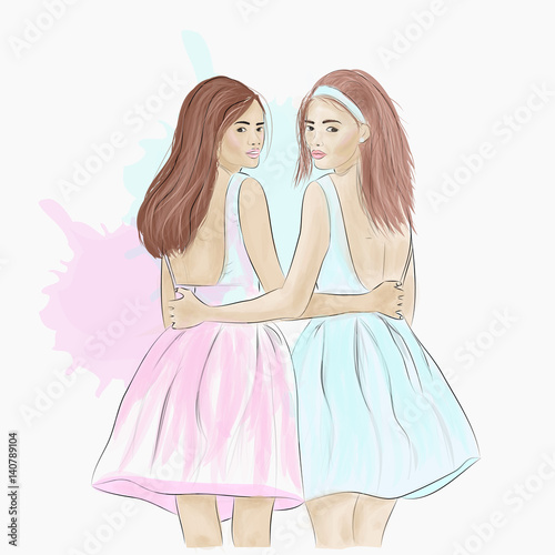 Two girlfriends are in an embrace. Vector illustration about friendship isolated on white