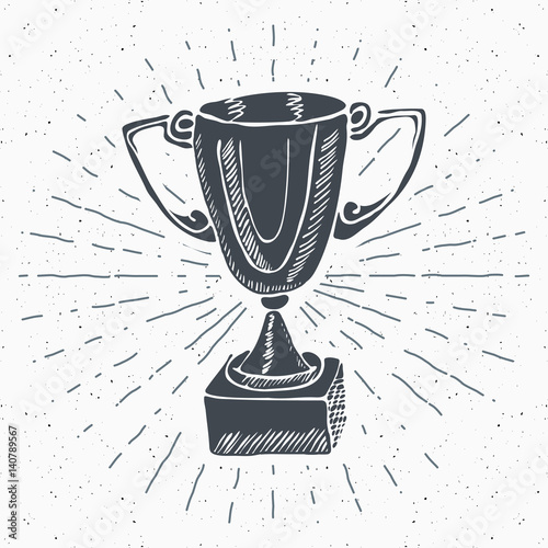 Vintage label, Hand drawn Sport trophy, winners prize, grunge textured retro badge, typography design t-shirt print, vector illustration