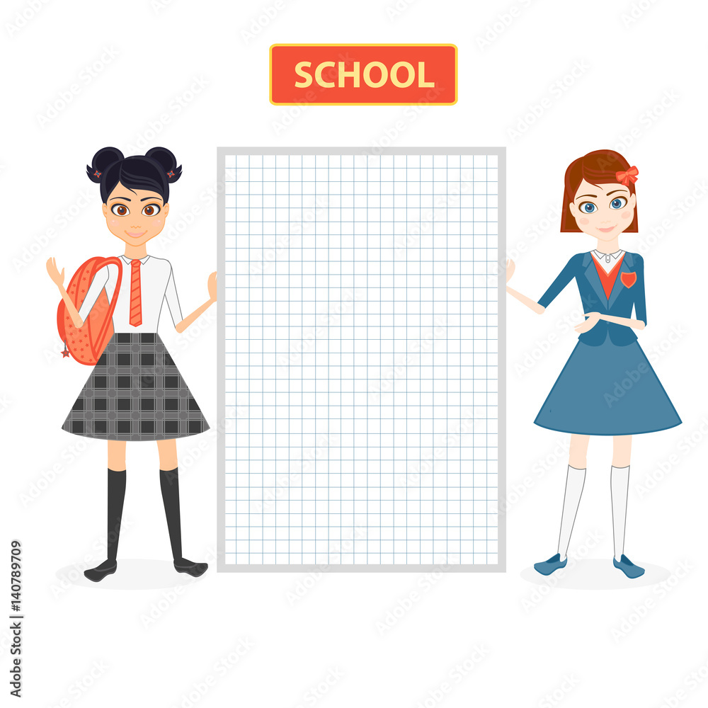 Schoolgirl character. Cartoon vector flat illustration. Girls friend pupil in school uniforms. A student in a traditional school uniform Schoolgirl character. Cartoon vector flat illustration. Girls friend pupil in school uniforms. A student in a traditional school uniform