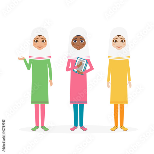Schoolgirl character. Cartoon vector flat illustration. Muslim girl pupil in hijab