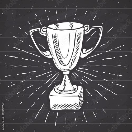 Vintage label, Hand drawn Sport trophy, winners prize, grunge textured retro badge, typography design t-shirt print, vector illustration on chalkboard background.