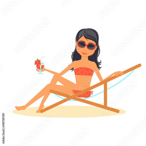 Girl character. Cartoon vector flat illustration travel. Tanned woman in a lounge chair, dressed in swimsuit drink cocktail. Isolated on white background.