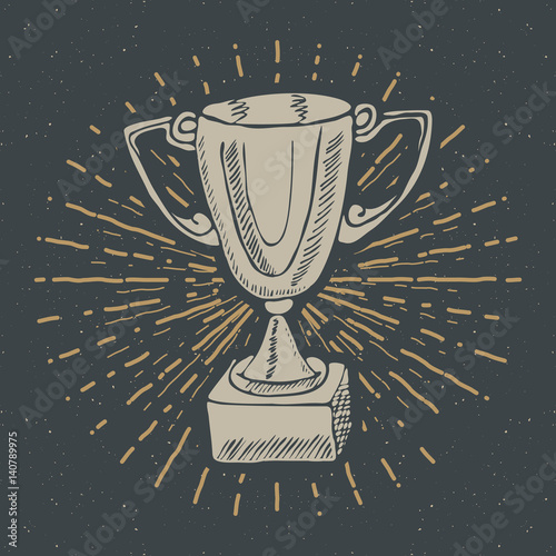 Vintage label, Hand drawn Sport trophy, winners prize, grunge textured retro badge, typography design t-shirt print, vector illustration