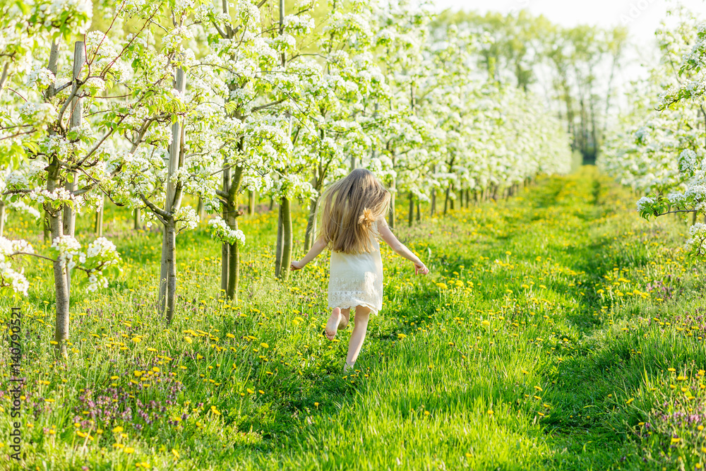 A beautiful little girl runs through a flowering garden in the spring A beautiful little girl runs through a flowering garden in the spring