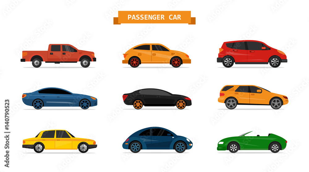 Vector set of different cars isolated on white background. Car icons and design elements