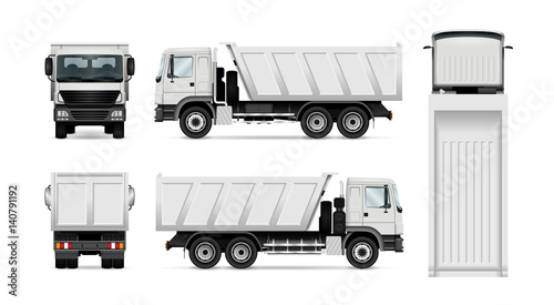 Vector dump truck. Isolated white tipper lorry. All elements in the groups have names, the view sides are on separate layers for easy editing. View from side, back, front and top.