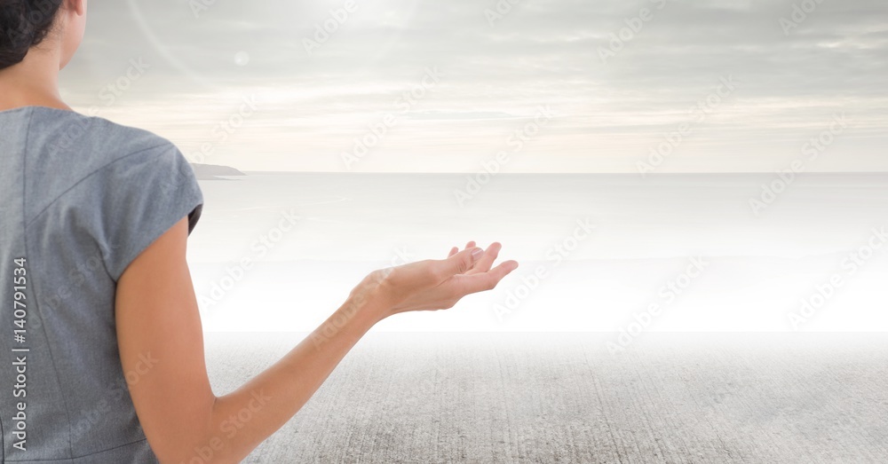 Businesswoman back against a countryside background