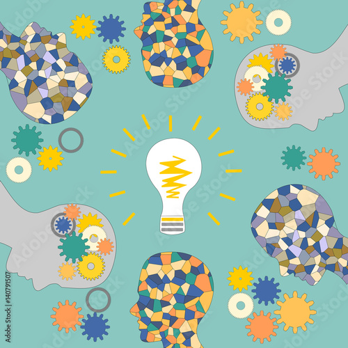 The emergence of ideas, the mosaic head of man, illumination and creativity, teamwork