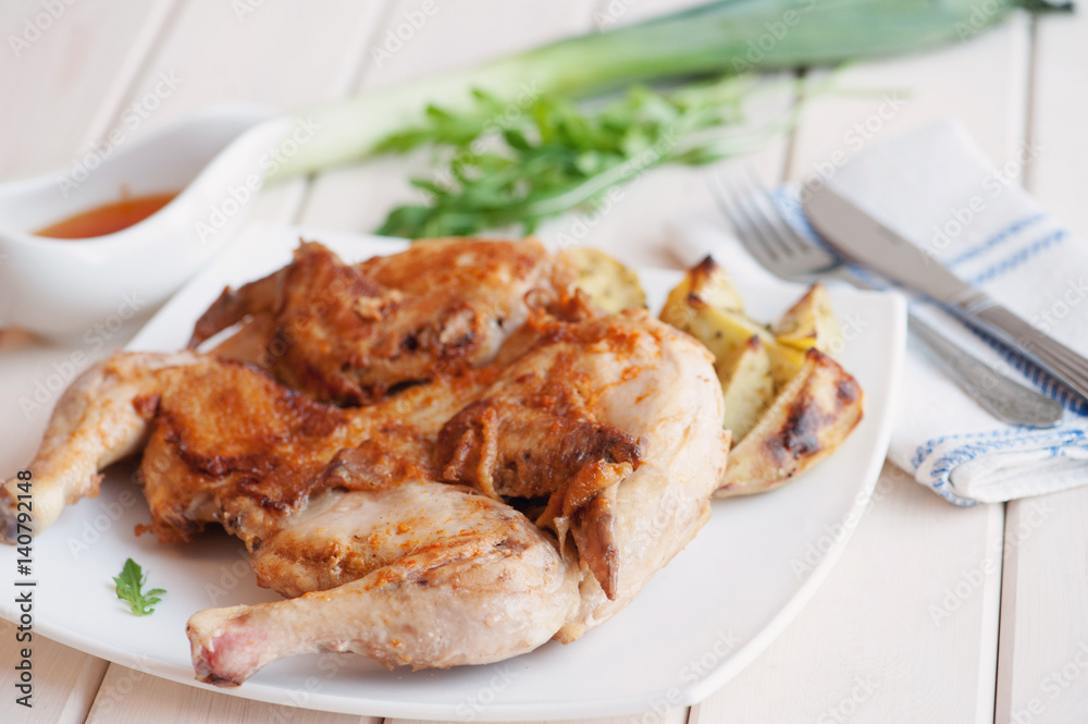 Roasted whole chicken on dish with cutlery Roasted whole chicken on dish with cutlery