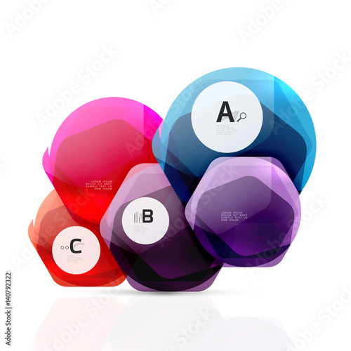 Glass color hexagons. Glossy plastic hexagon design with text