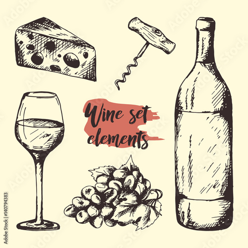 Creative sketch of graphic wine elements. Vector illustration. Hand drawn set with outline icons used for for logo design, advertising beverage in restaurant or bar menu.