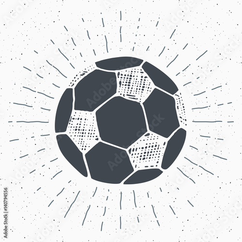 Vintage label, Hand drawn Football, soccer ball sketch, grunge textured retro badge, typography design t-shirt print, vector illustration