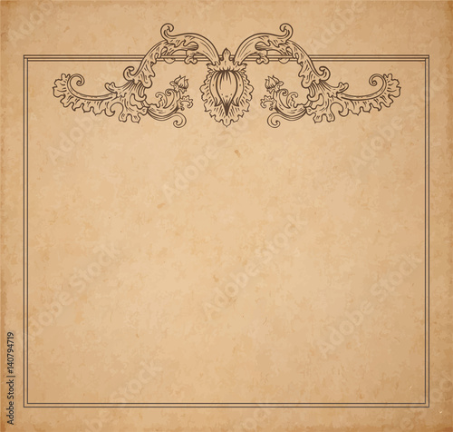 Vintage old paper texture with vector floral frame and medieval flowers, copy space realistic parchment page