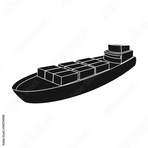 A ship for the transport of heavy goods over long distances by sea and ocean. Water freight transport.Transport single icon in black style vector symbol stock illustration.