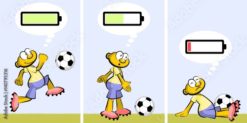 Soccer player ebullient and tired. Charged or discharged batterie