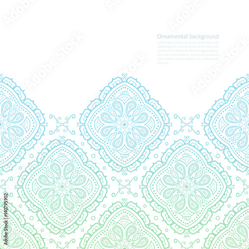 Vector ornate background with copy space, green-blue border on white