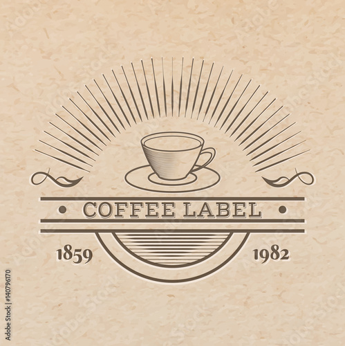 Vector vintage label pressed out on craft paper, beverages emblem - coffee or tea cup with place for text