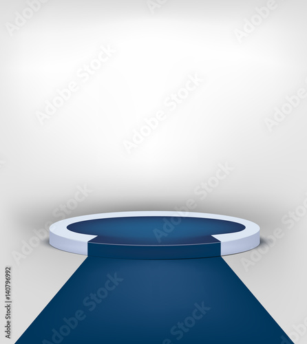  Podium scene with blue carpet and one stage. Realistic vector pedestal