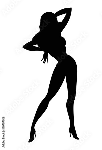 Vector silhouette of sexy dancing pin-up girl isolated on white